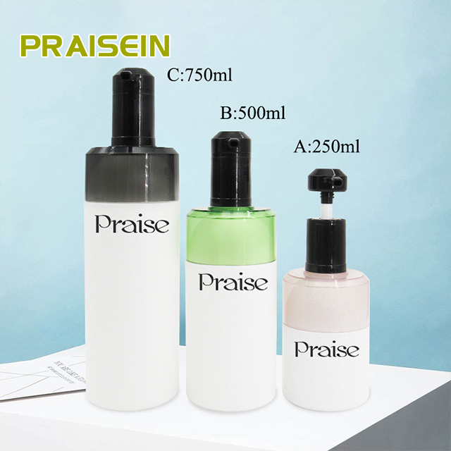 250ml/500ml/750ml high-end press type wash protect bottle custom round shampoo, skin care liquid container plastic packaging