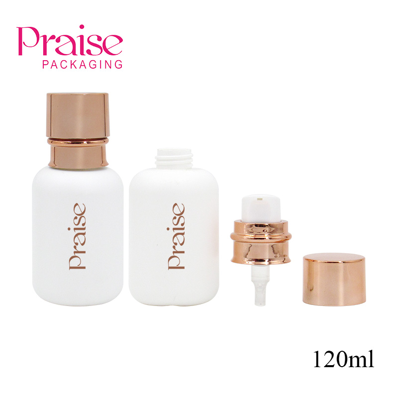 Chinese manufacturers 120ml white lotion empty bottle with pump, round PE cosmetics plastic bottle custom label