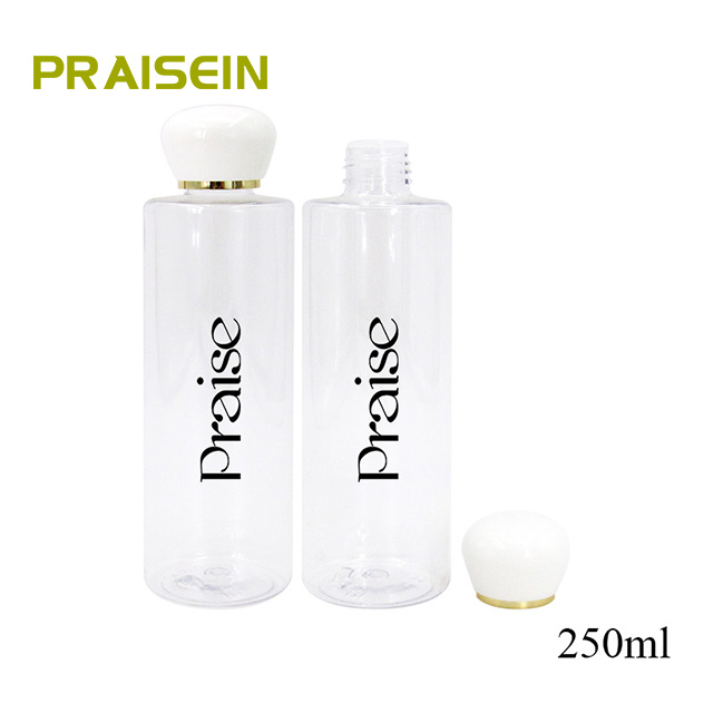 Custom 250ml round empty transparent shampoo/body wash bottle with screw cap, PET plastic packaging bottle wholesale