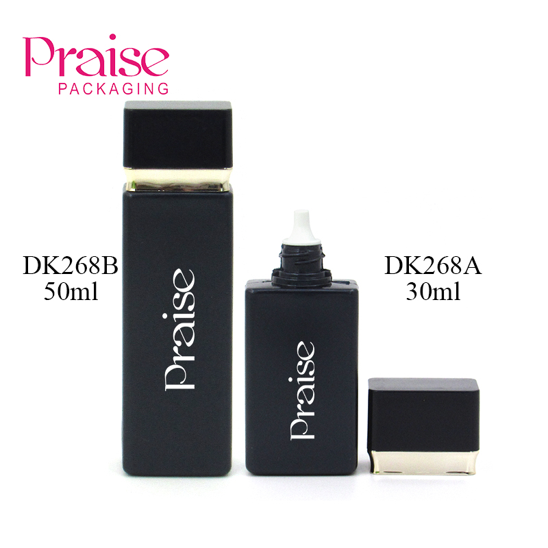 30ml/50ml light luxury black plastic sunscreen bottle packaging, square extrusion type cosmetic lotion container bottle with lid