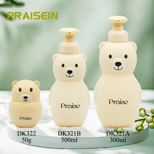 Accept custom 300ml 500ml cartoon Bear shaped PE plastic children's hair shampoo/body wash bottle with lotion pump,50g cream jar