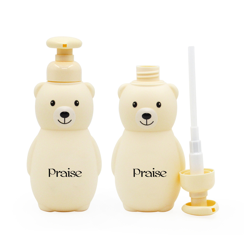 Accept custom 300ml 500ml cartoon Bear shaped PE plastic children's hair shampoo/body wash bottle with lotion pump,50g cream jar