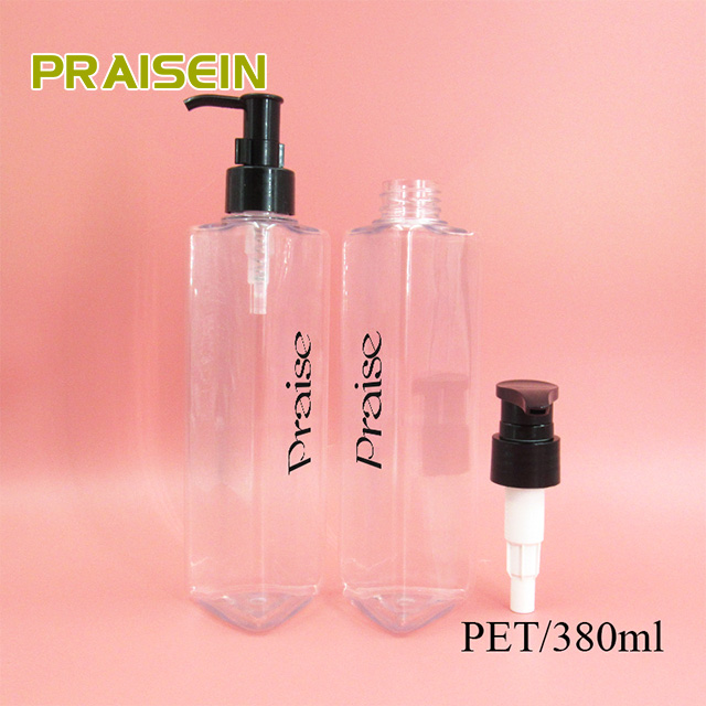 Empty transparent triangle shampoo packaging bottle 380ml PET plastic flat shoulder cosmetic emulsion container with pump