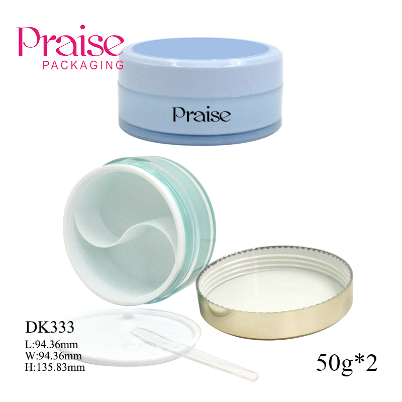 Cosmetic cream container packaging 50g*2 plastic round double-lattice eye film jar with spoon, custom colour and label