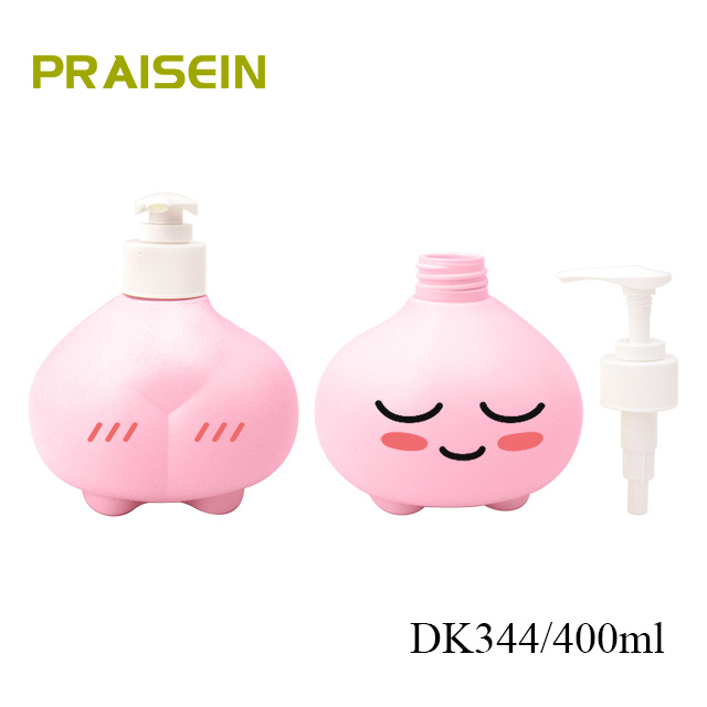 Wholesale custom cartoon pink HDPE plastic lotion container, 400ml empty baby shampoo bottle with pump packaging