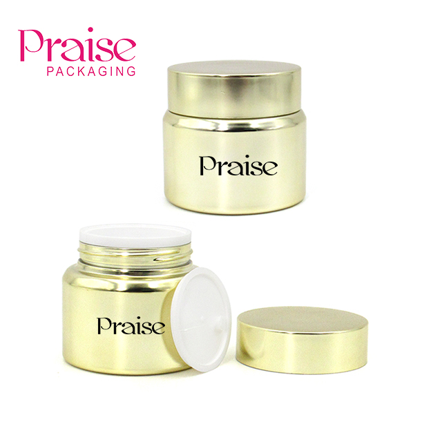 High-grade cosmetics cream jar custom logo, 50g round golden plastic empty face cream container skin care packaging wholesale