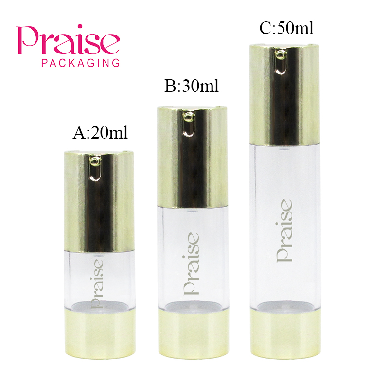 Skin-care packaging customized 20ml/30ml/50ml travel portable round essence vacuum bottle with golden lotion pump