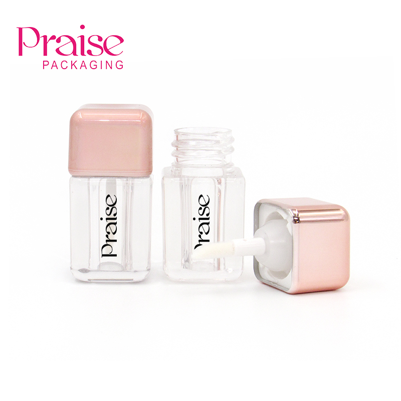 Portable square empty clear plastic cosmetic lip gloss tube container with rose gold lid custom manufactured