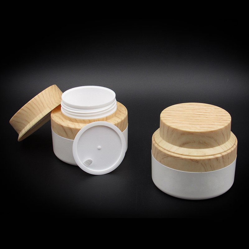 Wholesale empty Skin care container 60ml Wood grain plastic double wall Face cream jar packaging