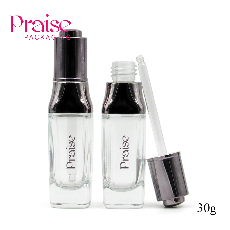 Custom 30g square empty transparent press type cosmetic glass dropper bottle for essence, essential oils