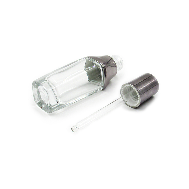 Custom 30g square empty transparent press type cosmetic glass dropper bottle for essence, essential oils