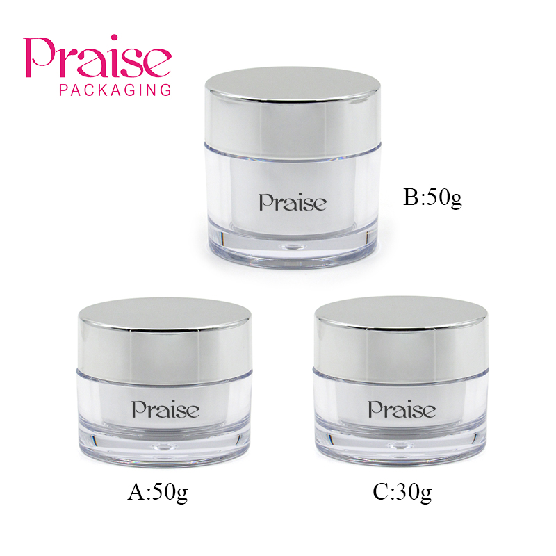 Silver double wall Body cream empty container 30g/50g acrylic round face cream bottle cosmetic cream jar packaging material