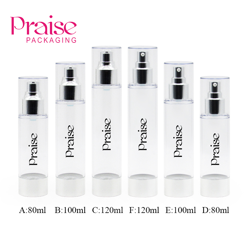 Private label cosmetic AS plastic vacuum bottle 80ml/100ml/120ml round empty clear lotion pump bottle essence bottle