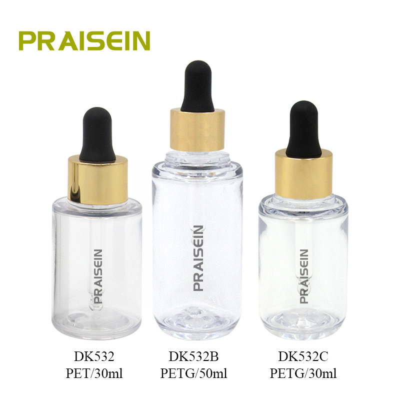 30ml/50ml transparent round PET plastic essence container custom empty dropper bottle for essential oil, skin care packaging