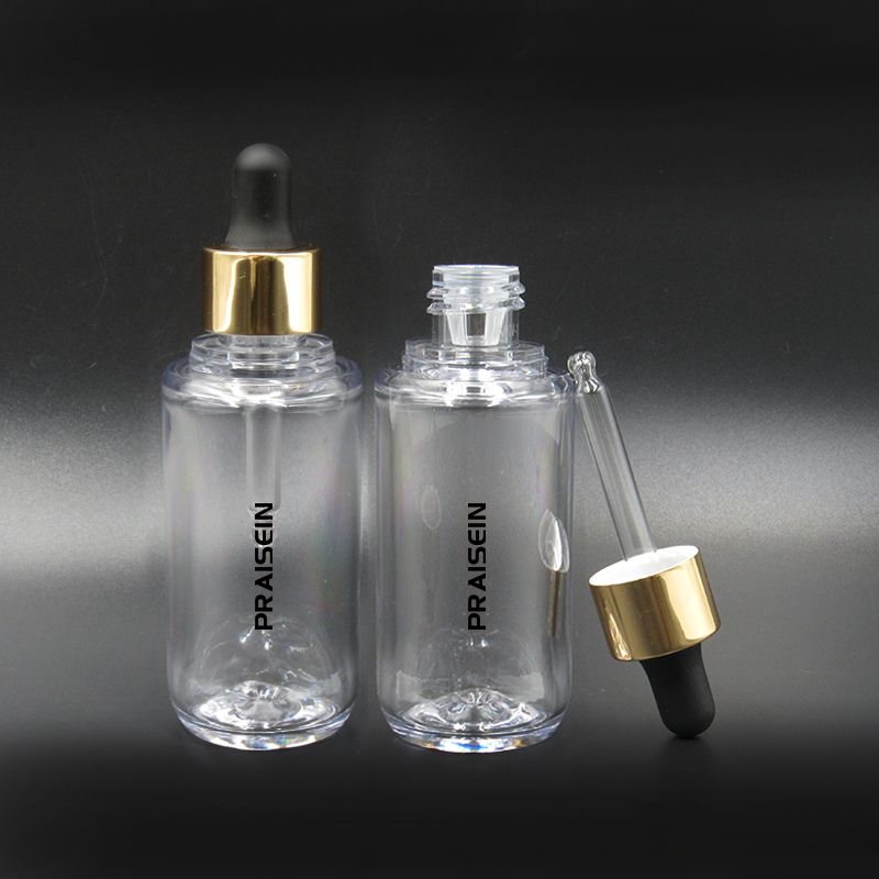 30ml/50ml transparent round PET plastic essence container custom empty dropper bottle for essential oil, skin care packaging