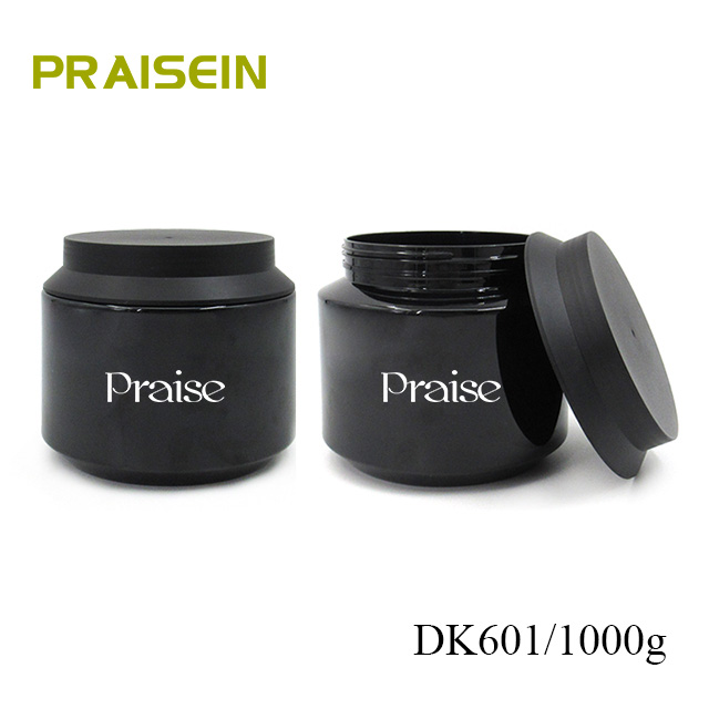 Custom empty PET plastic cosmetic container, 1000g black wide mouth hair care jar with screw lid