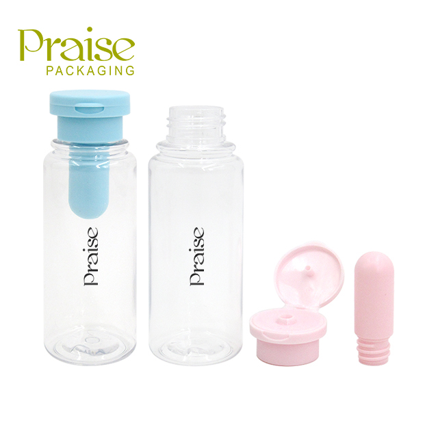 60ml+1ml PET plastic transparent round skin care lotion bottle, separated design clamshell toner container