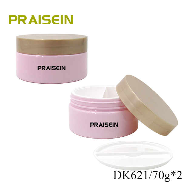 Refillable cosmetic cream container custom label PET plastic round double grid cream jar, capacity 70g*2