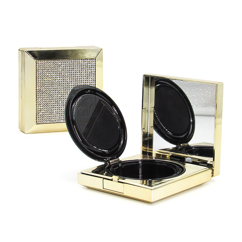 Luxury gold diamonds ornament square 15g makeup packaging empty air cushion BB powder foundation case container with mirror