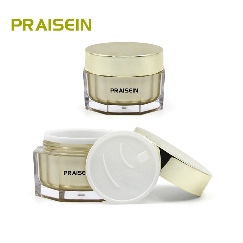 Octagonal acrylic cream container custom skin care packaging 50g plastic facial cream jar with round lid