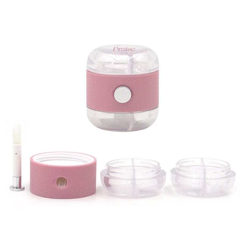 Manufacturers selling round double compartment cosmetic lip film jar, 2 in 1 plastic empty clear lip film container with brush