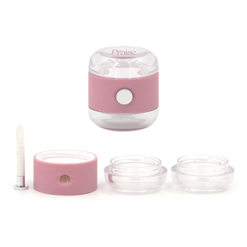 Manufacturers selling round double compartment cosmetic lip film jar, 2 in 1 plastic empty clear lip film container with brush