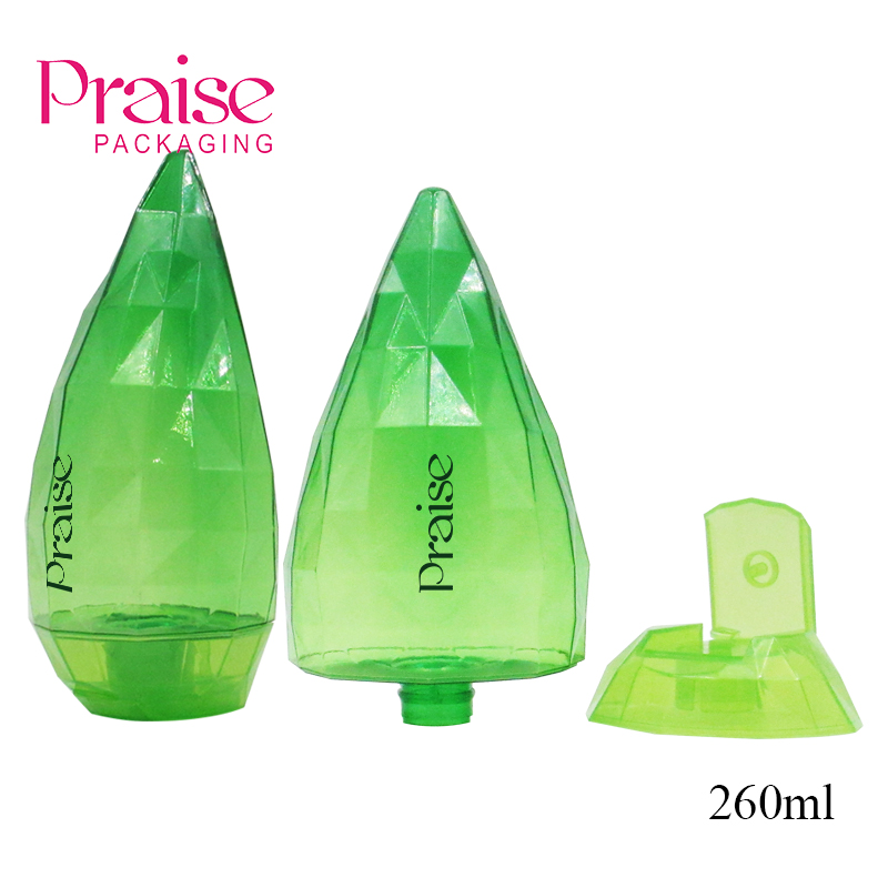 Plastic bottles of good quality PET cosmetics, 260ml rhombine surface clamshell type aloe gel bottle customized label