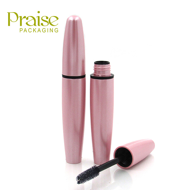 Pearlescent pink round smooth mascara tube with applicator plastic cosmetic packaging container custom logo