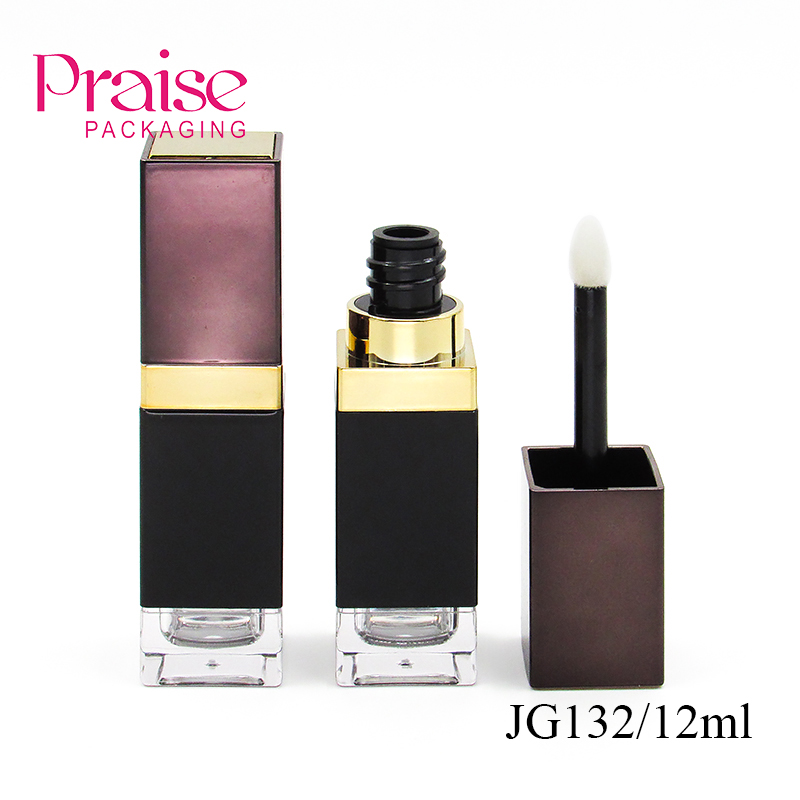 Square empty lipgloss tube with brush, 12ml double wall liquid lipstick tube, Private customized plastic makeup packaging