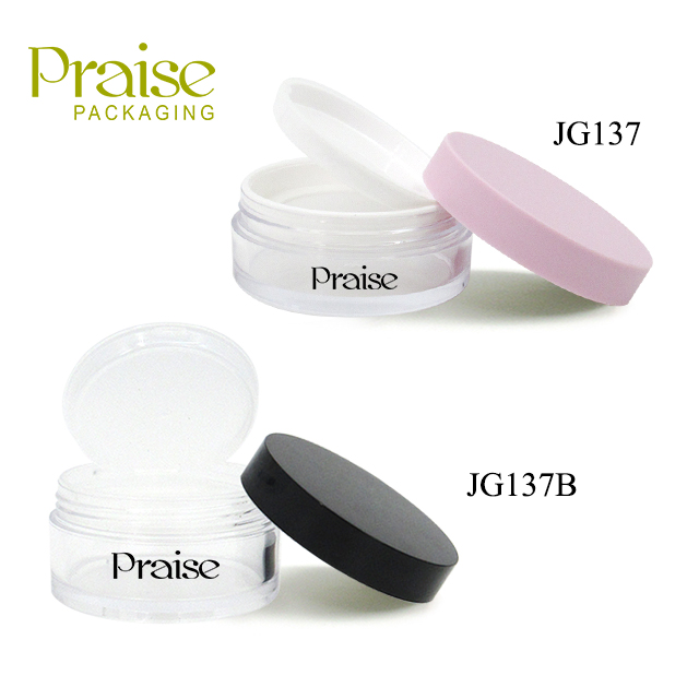 Plastic clear cosmetic loose powder empty case container packaging, Flip cover elastic mesh round powder case, Can put a puff