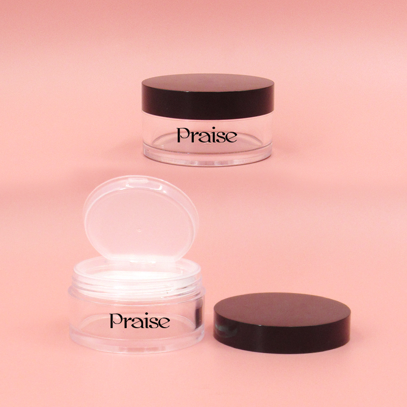 Plastic clear cosmetic loose powder empty case container packaging, Flip cover elastic mesh round powder case, Can put a puff