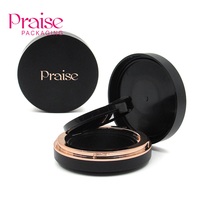 Rotary open cosmetics luxury black round plastic empty air cushion foundation BB powder case container packaging