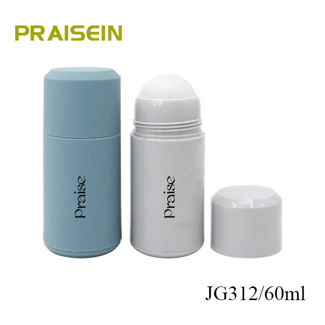 Empty round plastic deodorant roller ball bottle with rotating lid 60ml travel deodorant on container outdoor