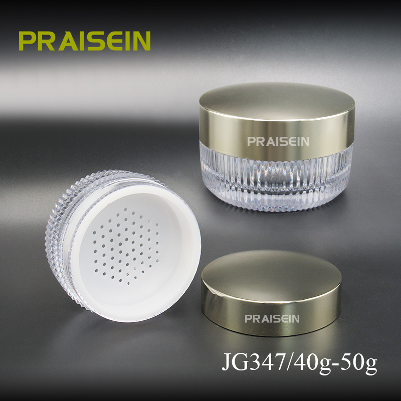 Wholesale 40g-50g striped plastic cosmetic jar round transparent loose powder empty box with sieve custom loose powder container