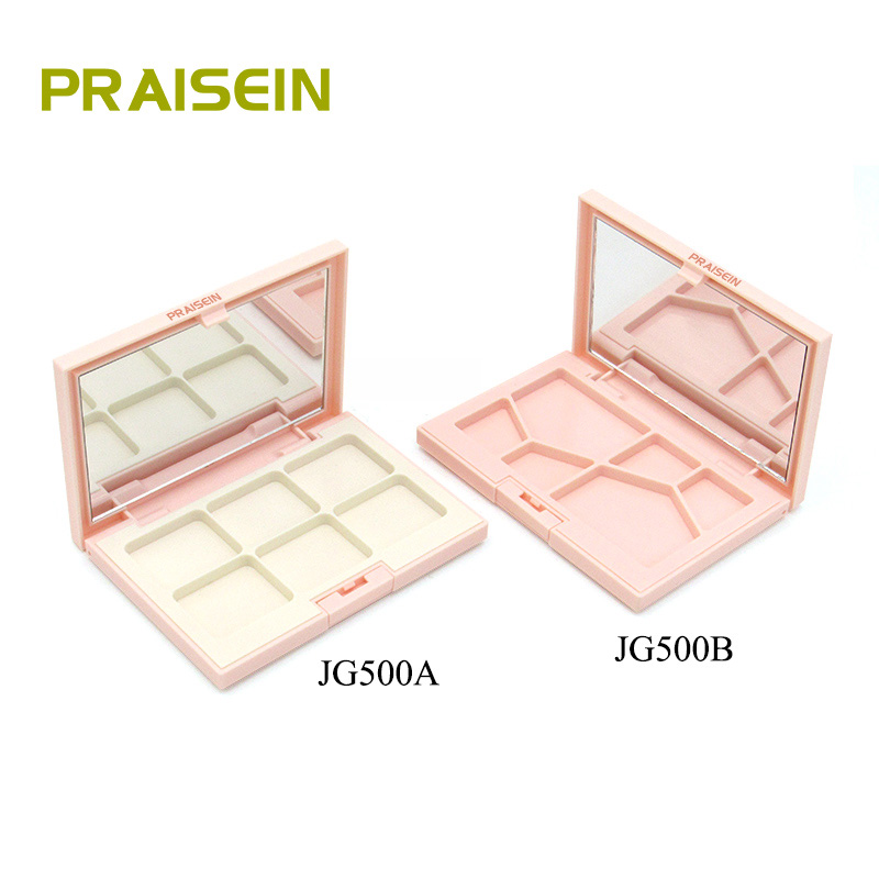 Wholesale square plastic blush contour palette 6 grid pink cosmetic eyeshadow case packaging