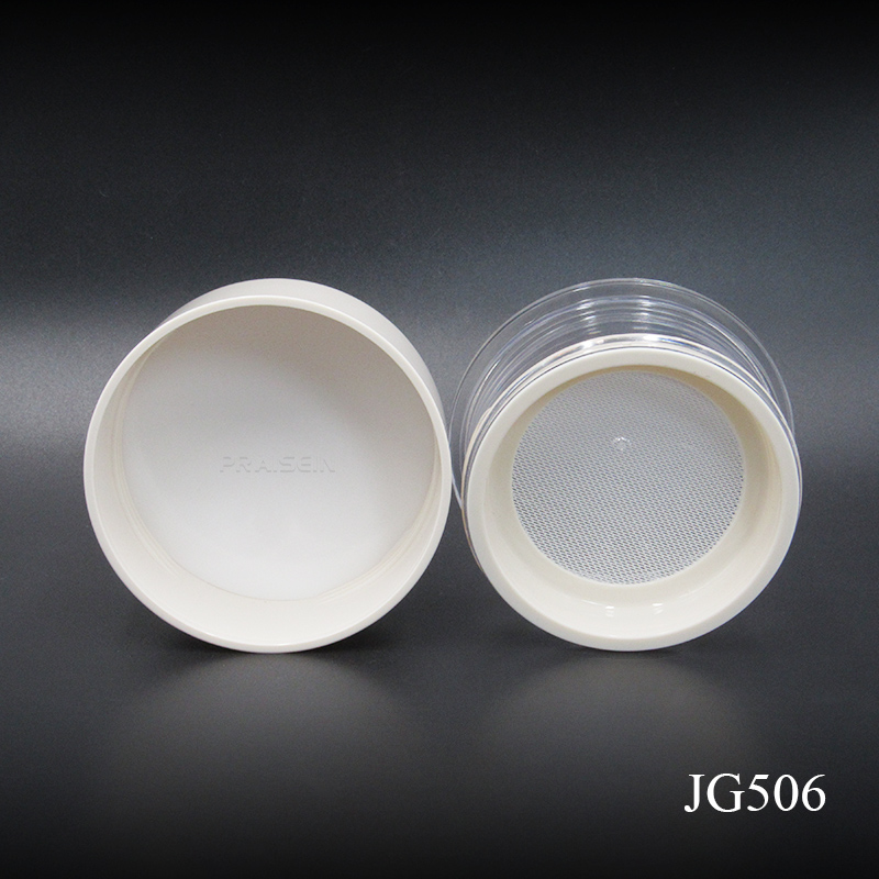 Empty plastic cosmetic container round loose powder jar with sifter