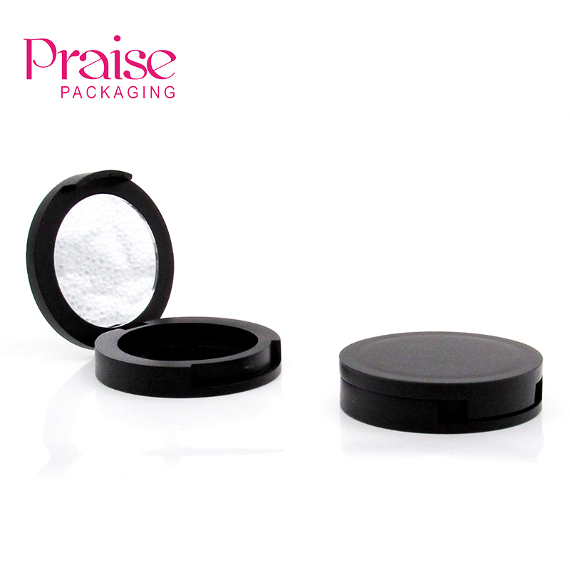 Round monochrome eyeshadow packaging private brand black plastic eye shadow case with mirror