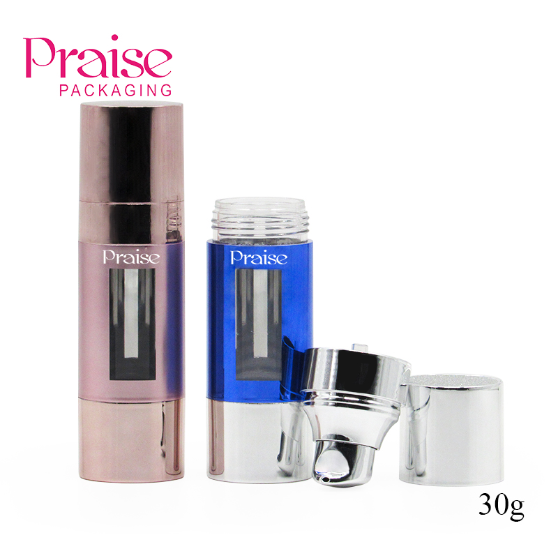 OEM customized high-end press type cosmetic vacuum bottle, 30g round empty lotion packaging bottle with metal cover