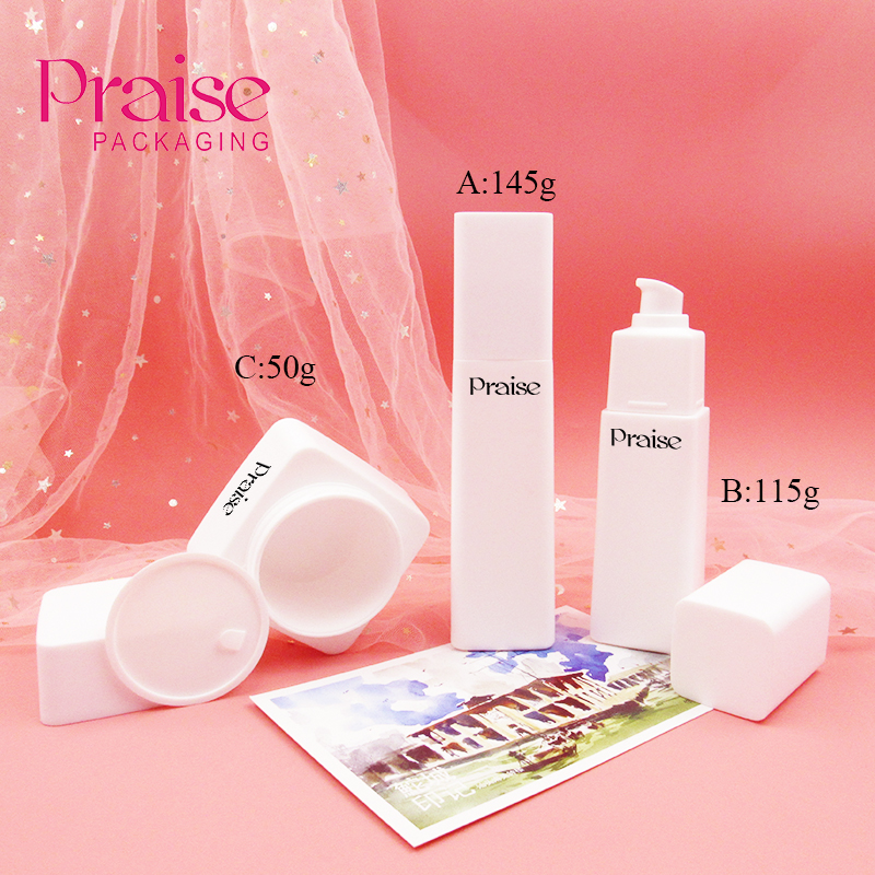 Simple white cosmetics set bottle for sale 50g/115g/145g square plastic container, for lotion, essence and cream products