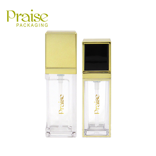 Custom plastic bottle cosmetic packaging, 30ml refillable gold square empty lotion bottle with pump wholesale