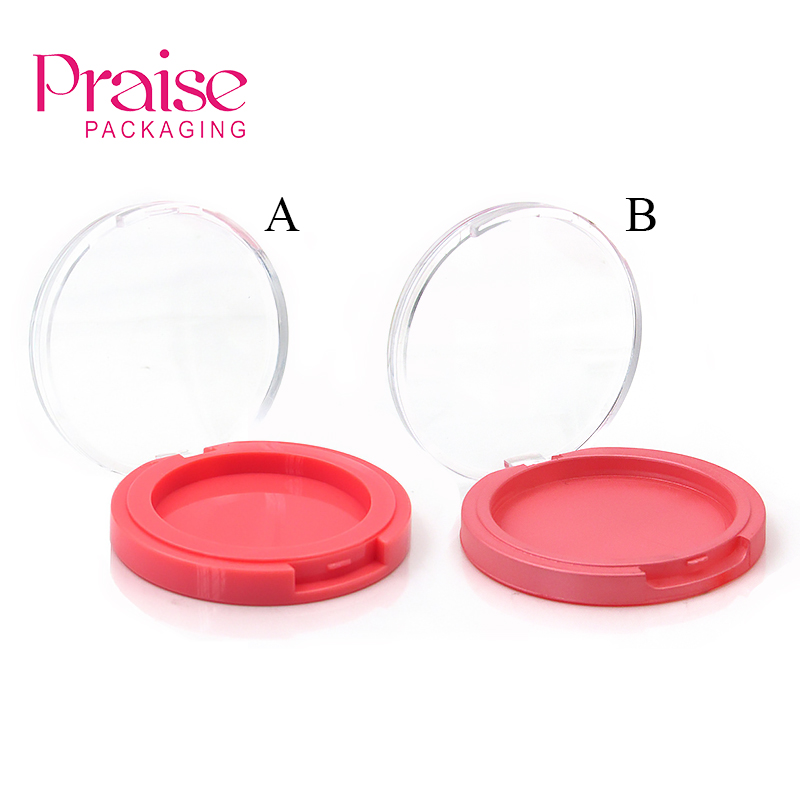 Pink round clamshell powder compact case, empty plastic blush palette cosmetic packaging