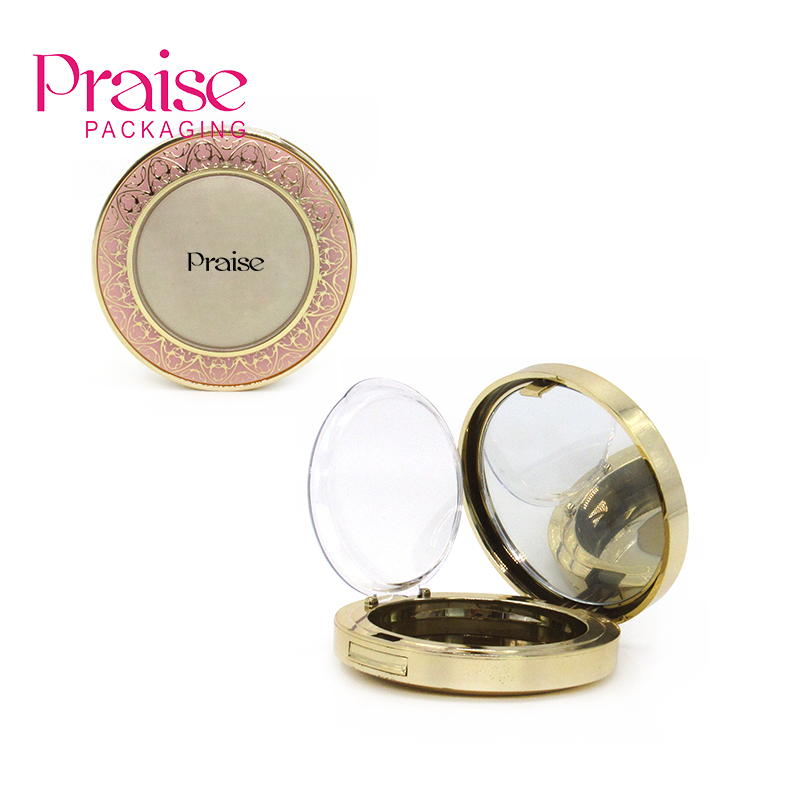 High quality round gold empty cosmetic powder compact case, button switch plastic compact powder case packaging OEM custom