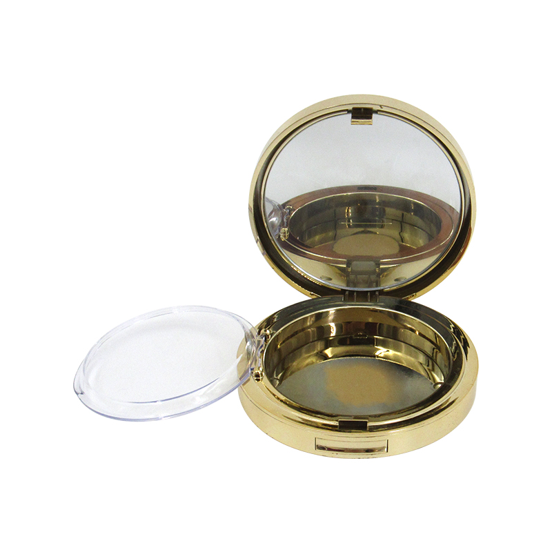 High quality round gold empty cosmetic powder compact case, button switch plastic compact powder case packaging OEM custom