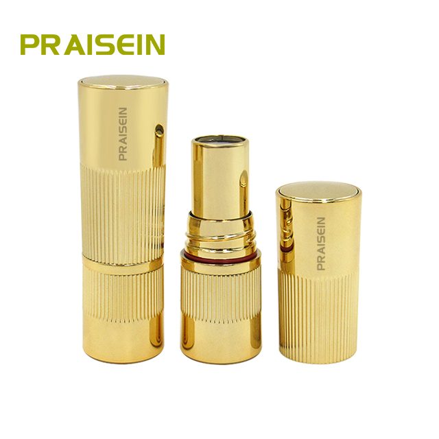 Round gold cosmetic empty lipstick tube packaging custom air tight rubber ring lipstick tube with rotating lid