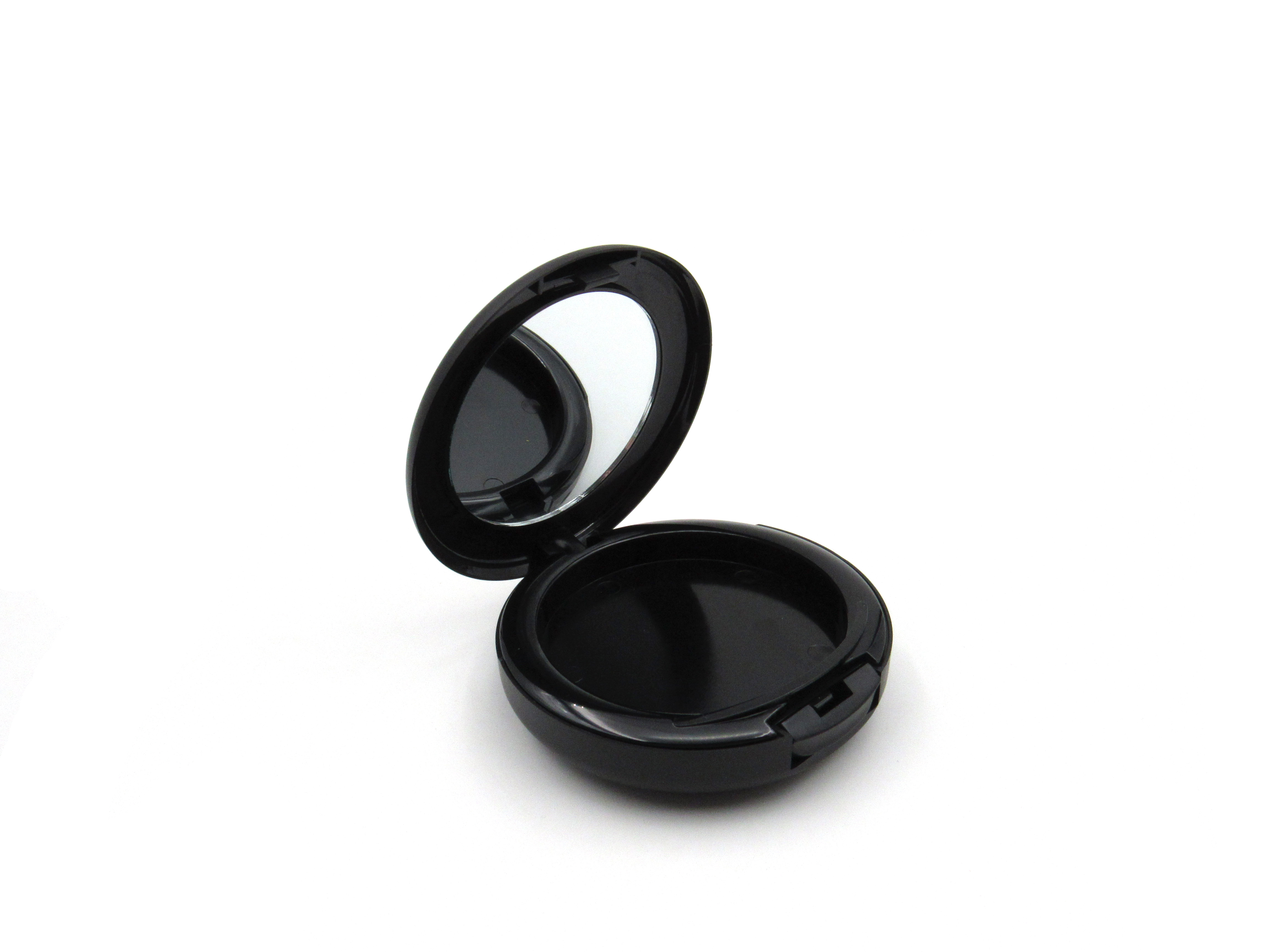 Chinese supplier produces round cosmetic compact powder case with mirror, black empty plastic case packaging, free sample