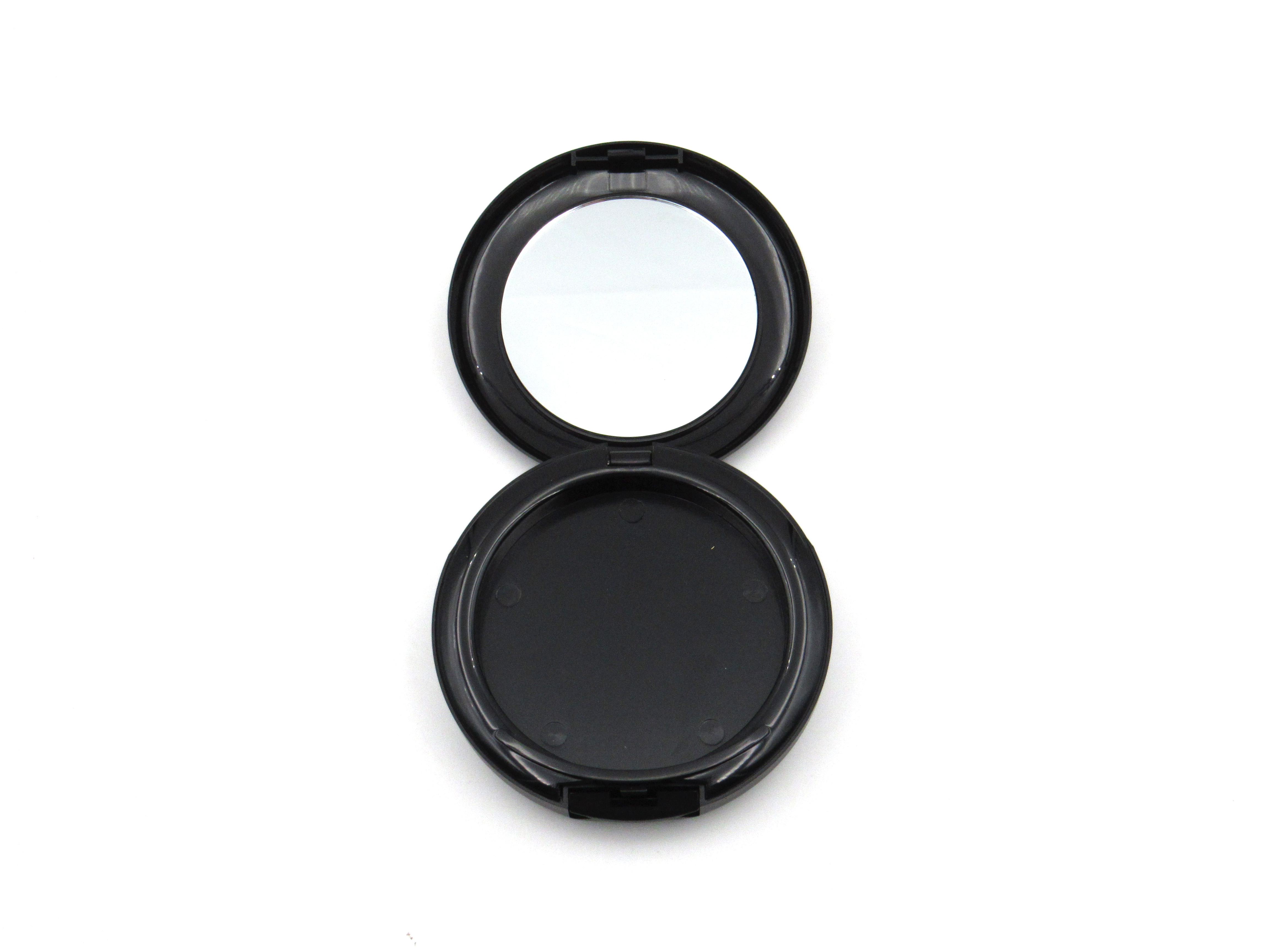 Chinese supplier produces round cosmetic compact powder case with mirror, black empty plastic case packaging, free sample