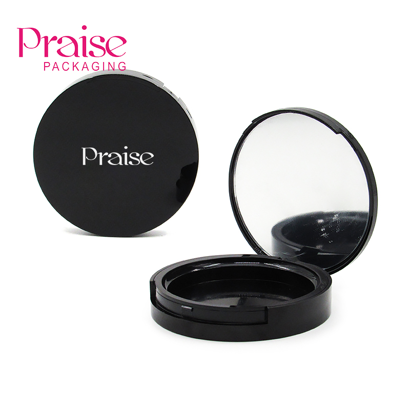 Factory custom designs black round plastic monochrome powder case, Empty makeup concealer powder compact case cosmetic packaging