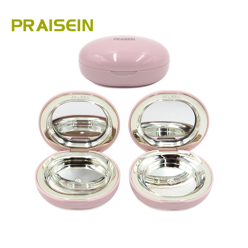 Pink oval plastic compact powder case custom logo empty blush packaging container