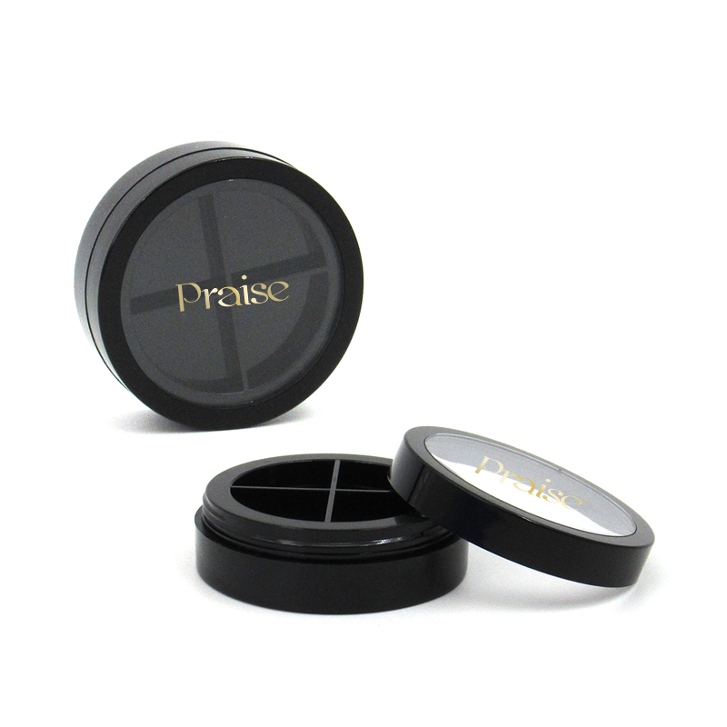 Manufacturer customizes plastic cosmetic cases, small portable black round 4-color eye shadow containers with spiral lids