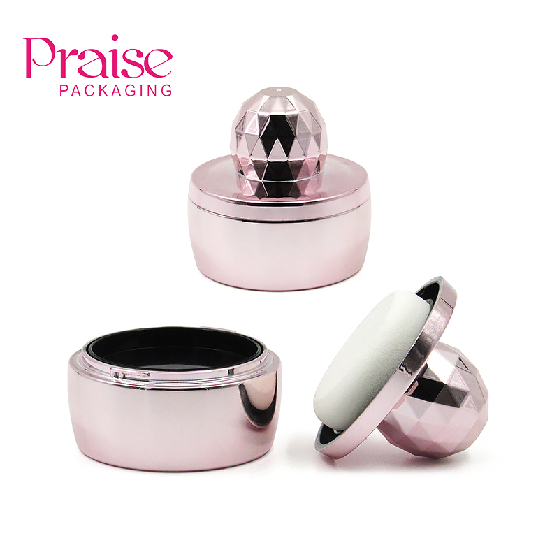 Cosmetic wholesale cute round empty blush case container with sponge puff, custom makeup plastic packaging